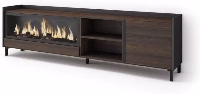 Mobile TV Soggiorno, 212x61x35 cm, Per TV fino a 80", Camino elettrico XXL, Design industriale, Rovere scuro e Nero