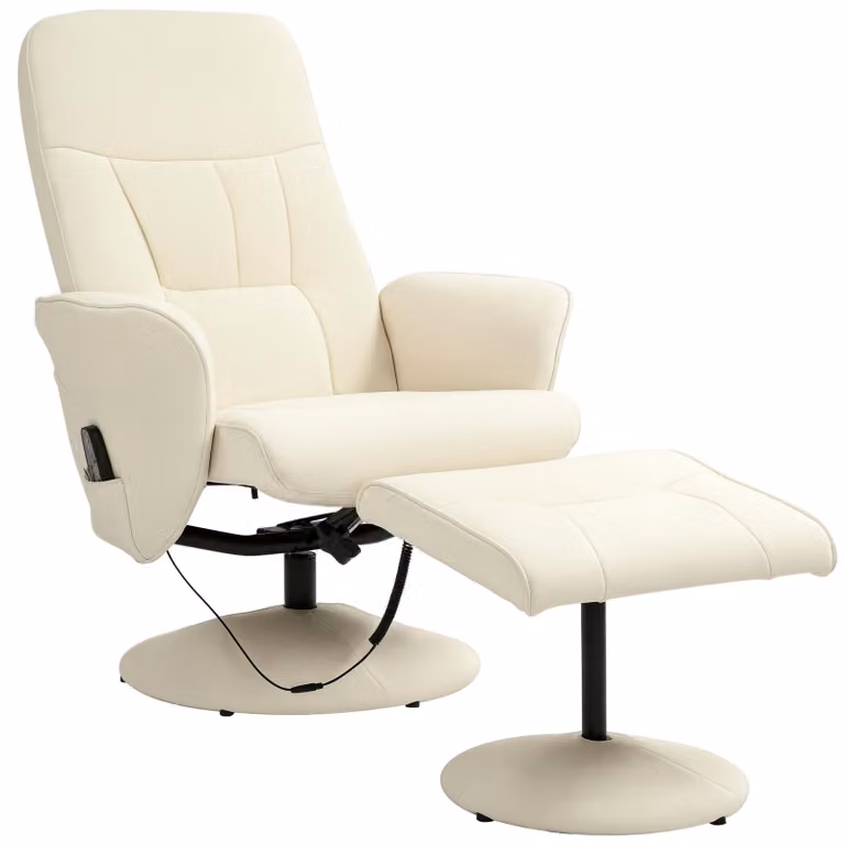 Poltrona massaggiante con poggiapiedi, sedia ergonomica con 10 punti di vibrazione, Pelle finta, 76 x 81 x 105 cm, bianco crema