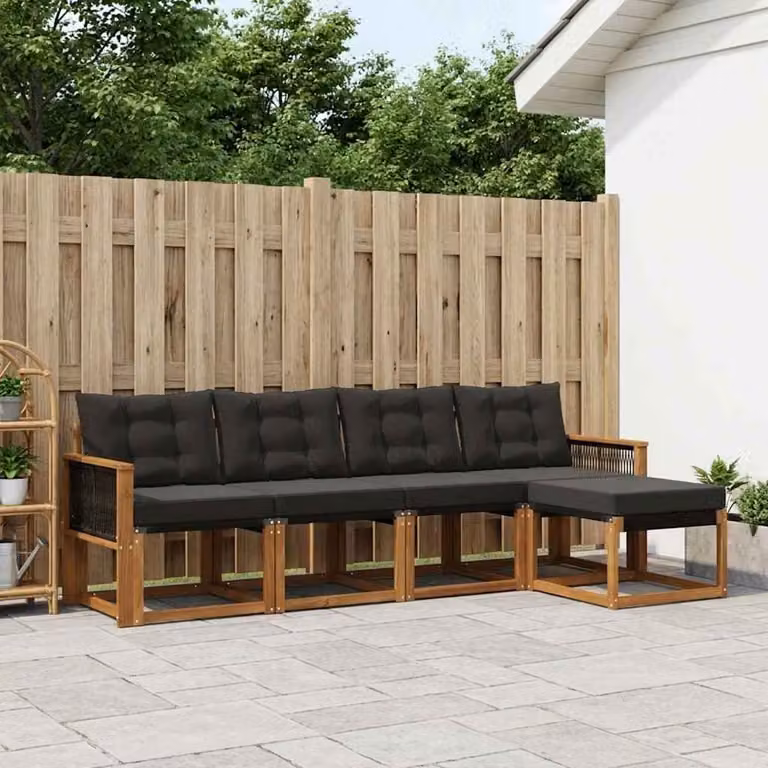 vidaXL Set di divani da esterno a L con pouf 5 pezzi in legno di acacia e tessuto textilene, Marrone e Nero