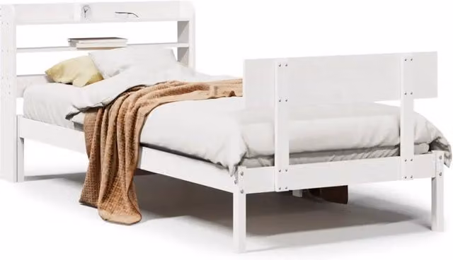 Letto singolo per adulti DESIGN IN in legno massello di pino laccato bianco con ripiani laterali L/P/H: 90 x 190 cm