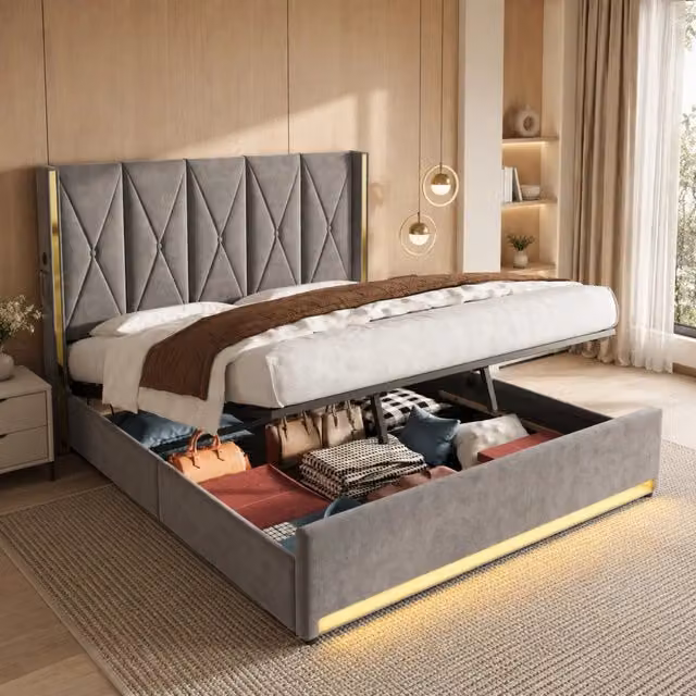 Letto con contenitore Mivray in velluto grigio con testiera imbottita, tasche laterali, illuminazione LED e porta USB, L/P/H: 180 x 200 x 141 cm