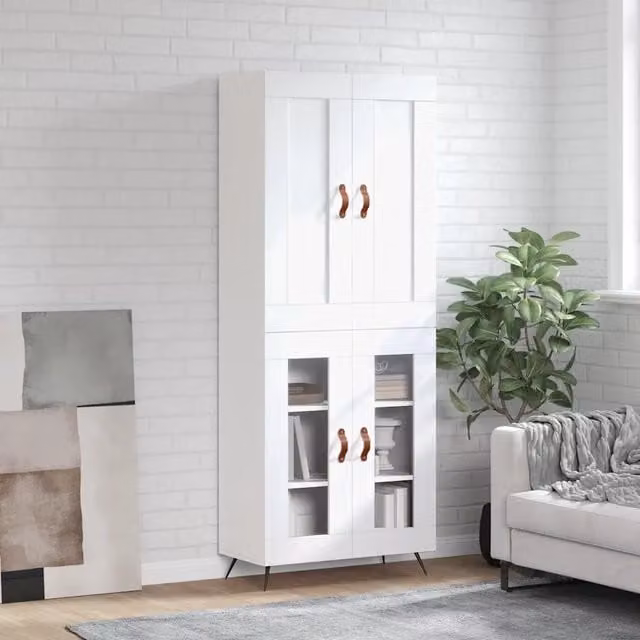Credenza moderna bianca vidaXL in legno e metallo con vetro L: 69,5 cm, P: 34 cm, H: 180 cm – 1