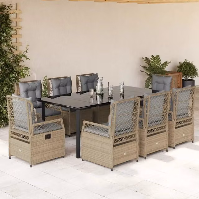 Set da pranzo da giardino vidaXL in polyrattan con tavolo in vetro e 9 pezzi con cuscini beige – 1