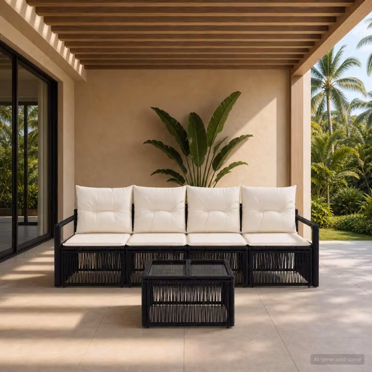 Set Divano da Giardino Moderno vidaXL in Polyrattan Nero con Tavolino e Cuscini Imbottiti