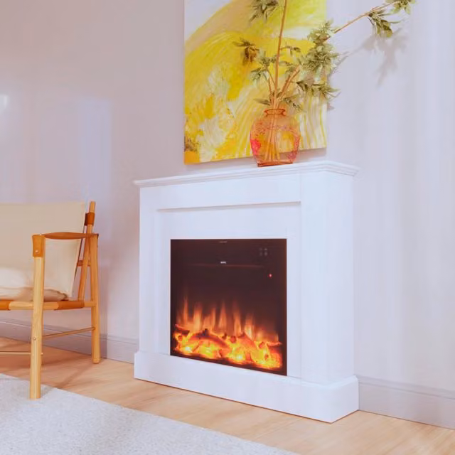 Caminetto Elettrico Da Pavimento Mpc Camillo Bianco 100cm Rivestimento In Legno Bianco 750w1500w Effetto Fiamma Led Ultra Realistico Termostato Automatico Telecomando Incluso Prodotto In Europa