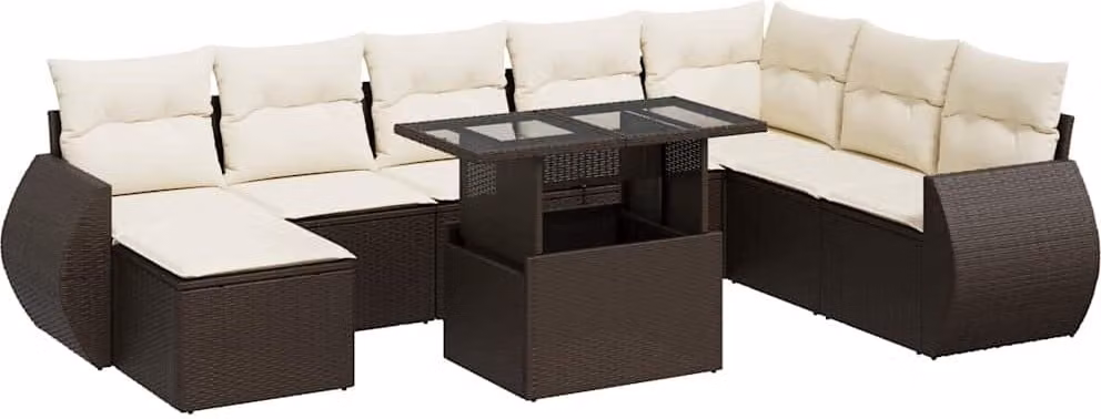 Set Divani da Giardino 9pz con Cuscini Marrone in Polyrattan