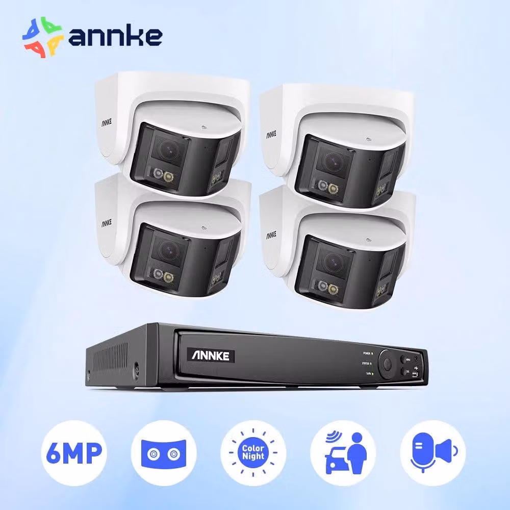Kit di telecamere di sicurezza a 180°, 6MP, con tecnologia POE, dotate di doppia lente, riconoscimento facciale tramite intelligenza artificiale e registratore NVR