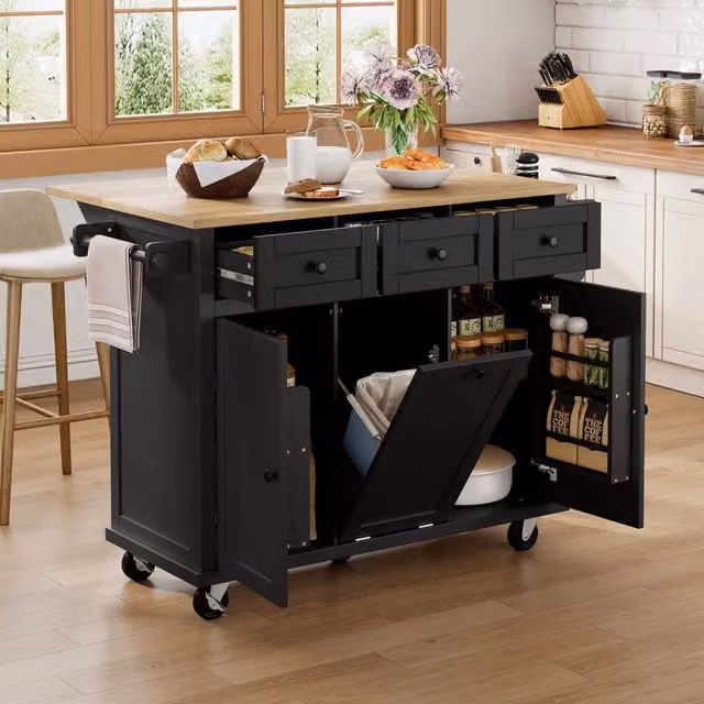 Isola Cucina Mobile con Ruote e Cassetti ¨C MINIMAL ¨C Nero, Piano Allungabile