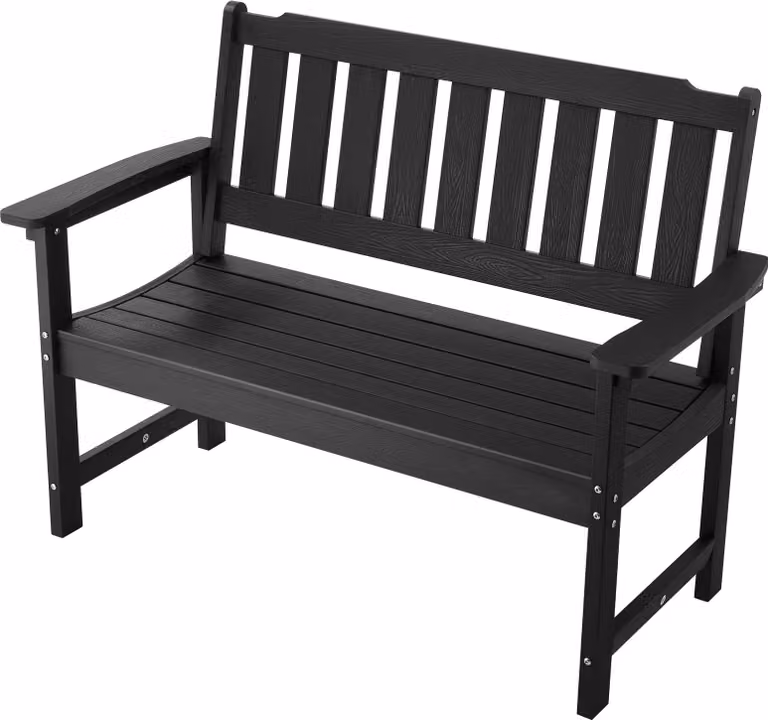 SucceBuy panchina da giardino 128 cm, design robusto con capacità di carico di 363 kg per 2-3 persone, struttura in plastica resistente agli agenti atmosferici con schienale e ampi braccioli, ideale per giardino, patio, cortile o veranda, nero