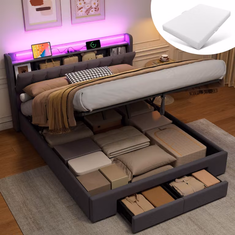 MODFU Letto imbottito 160x200, letto per giovani con materasso, luce LED e cassetti, letto con boxspring, spazio contenitore e cassetti, colore grigio
