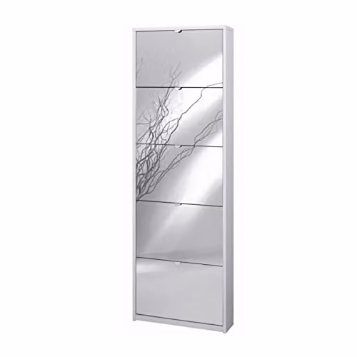 Scarpiera 5 Ante Specchio P18 Kit, Colore Bianco Fiammato con Specchio Naturale, Dimensioni H=190 L=63 P=18 cm