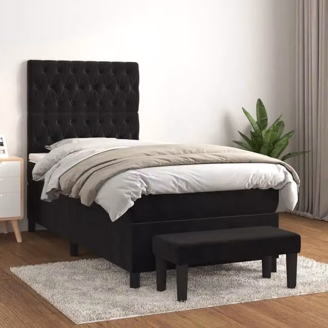 Letto Ibrido vidaXL con Giroletto a Molle e Materasso in Velluto Nero, L/P/H: 80 x 200 x 203 cm – 1