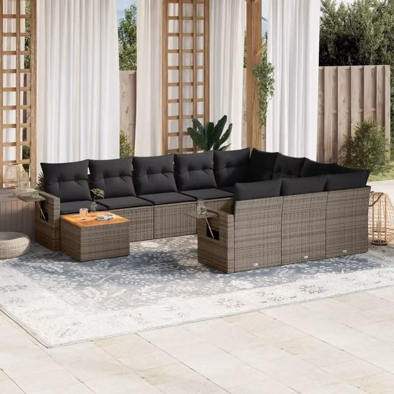 vidaXL Set Divani da Giardino 11 pz in Polyrattan Grigio con Cuscini e Tavolino da Esterno