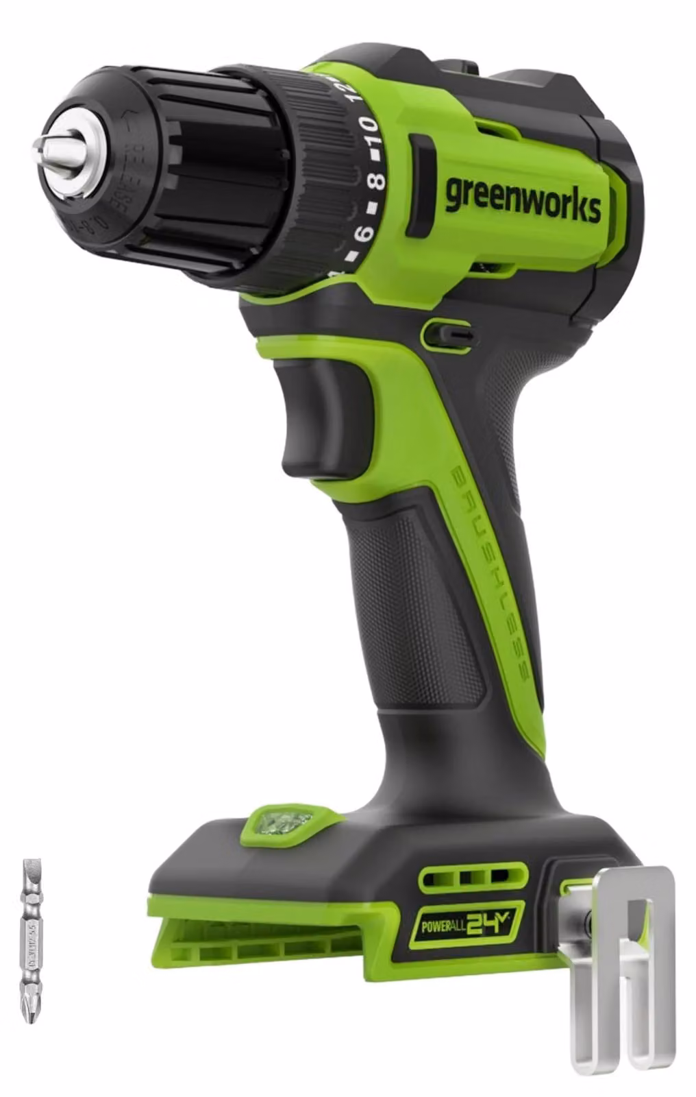 Trapano avvitatore a batteria Greenworks 24V, brushless, modello DD335, con coppia di 35 Nm e design leggero