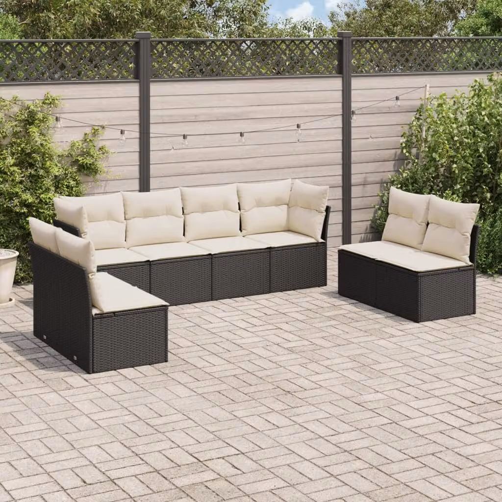 Set di divani da giardino vidaXL a forma di L con 8 cuscini in polyrattan nero e bianco – 1