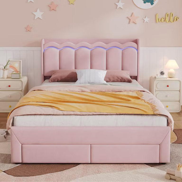 Letto imbottito okwish 140x200 con luci LED controllabili tramite app, 2 cassetti, letto per bambini con superficie di appoggio e testiera a forma di onda, rosa, senza materasso