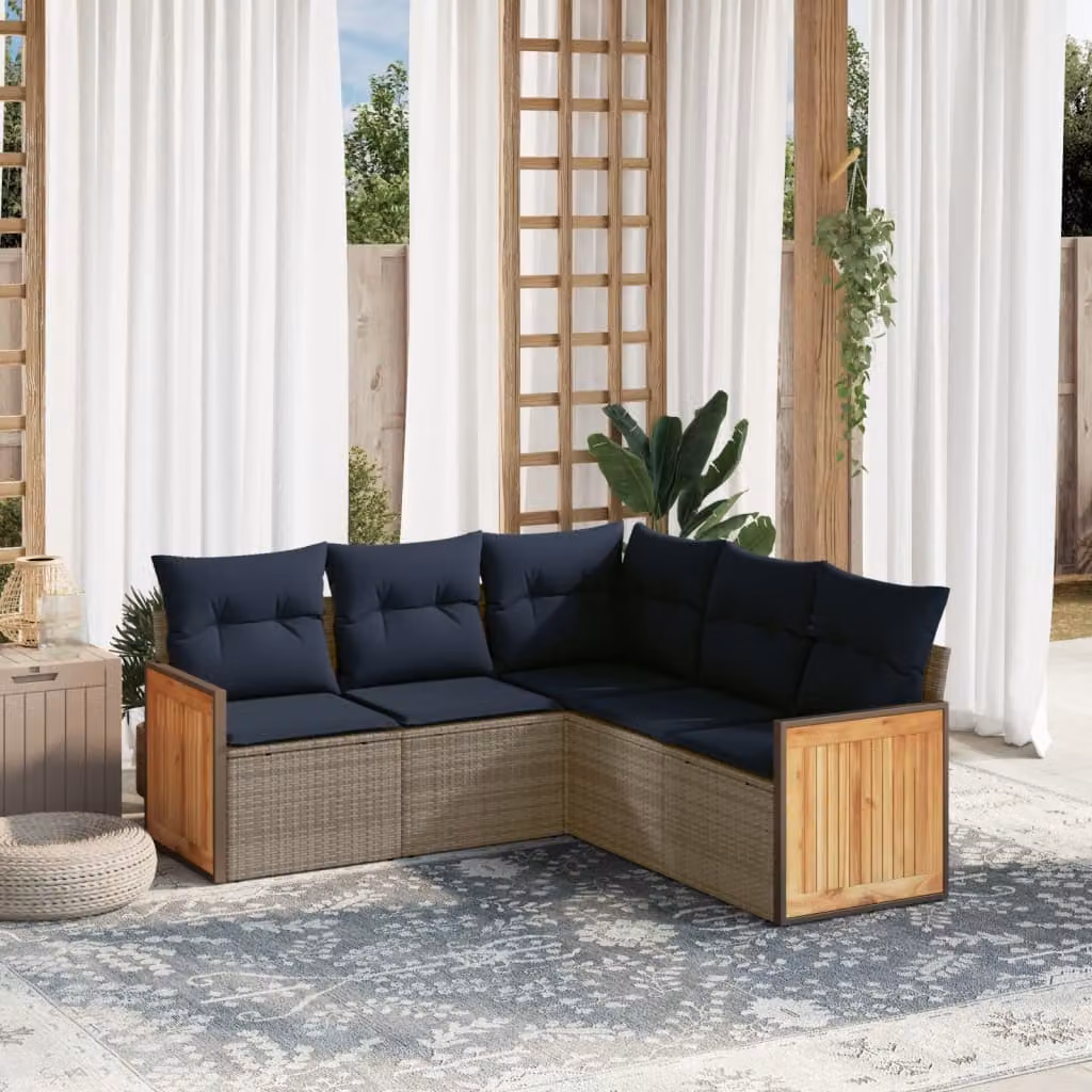 Set Divani da Giardino vidaXL 5 pz a Forma a L con Cuscini Grigio e Blu in Polyrattan e Metallo