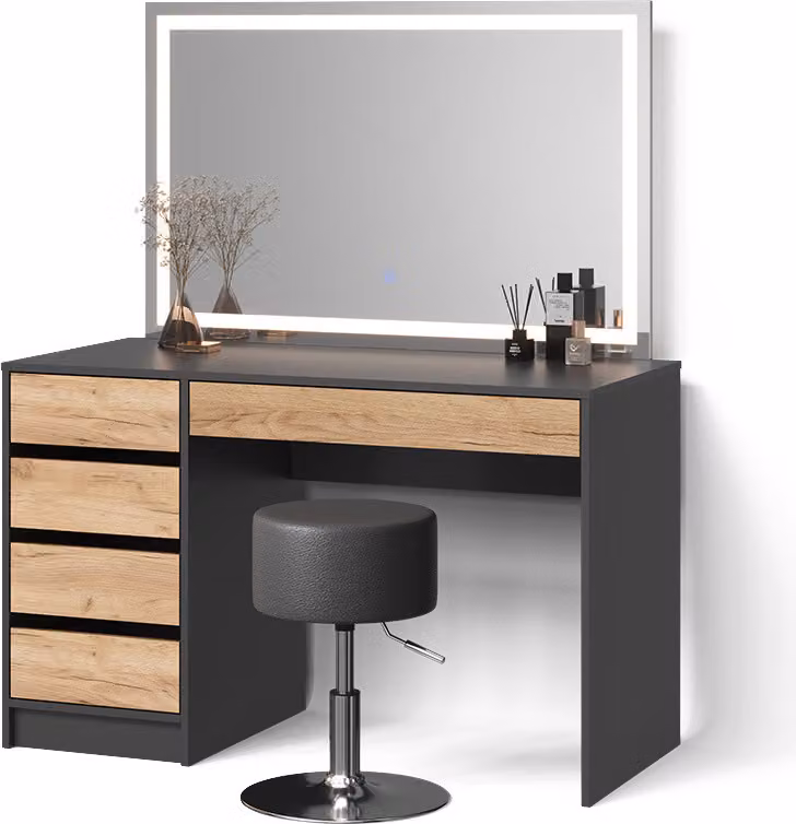 Toeletta Livinity Imola Antracite/Rovere dorato con specchio LED e sgabello, Model 53097