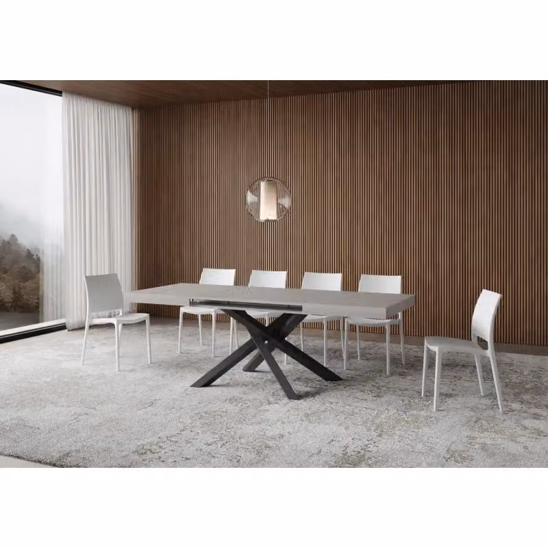 Tavolo allungabile Volantis ITAMOBY con telaio a X in metallo antracite e piano in MDF laminato bianco, L: 120/380 x P: 90 cm – 2
