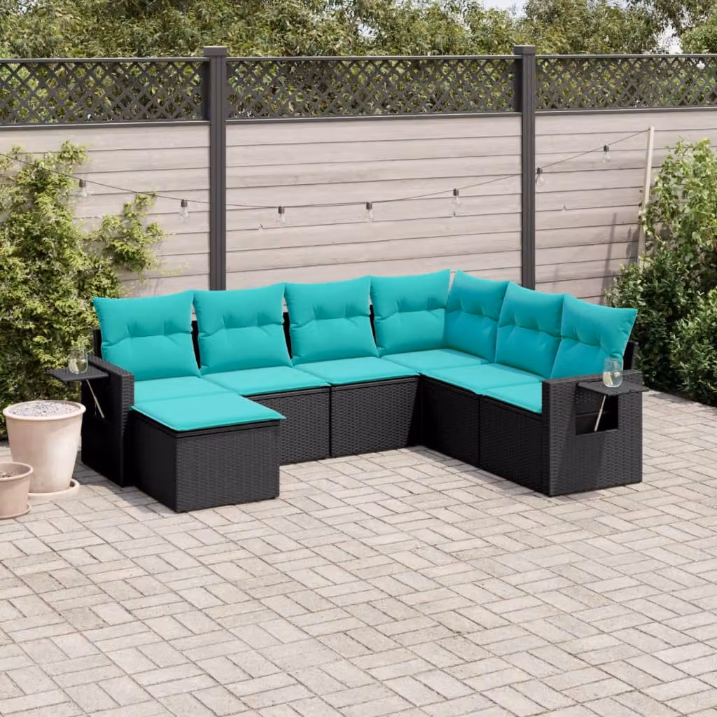 Set di divani da giardino vidaXL in polyrattan nero con cuscini, componibile a forma di U per terrazza e giardino