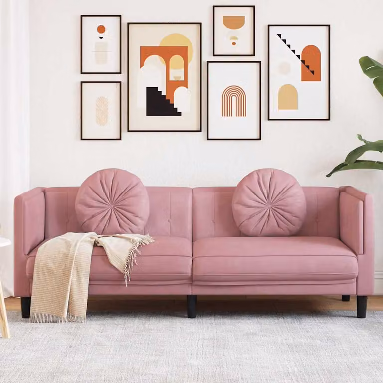 vidaXL Divano a 3 Posti Moderno in Velluto Rosa con Cuscini e Struttura in Legno
