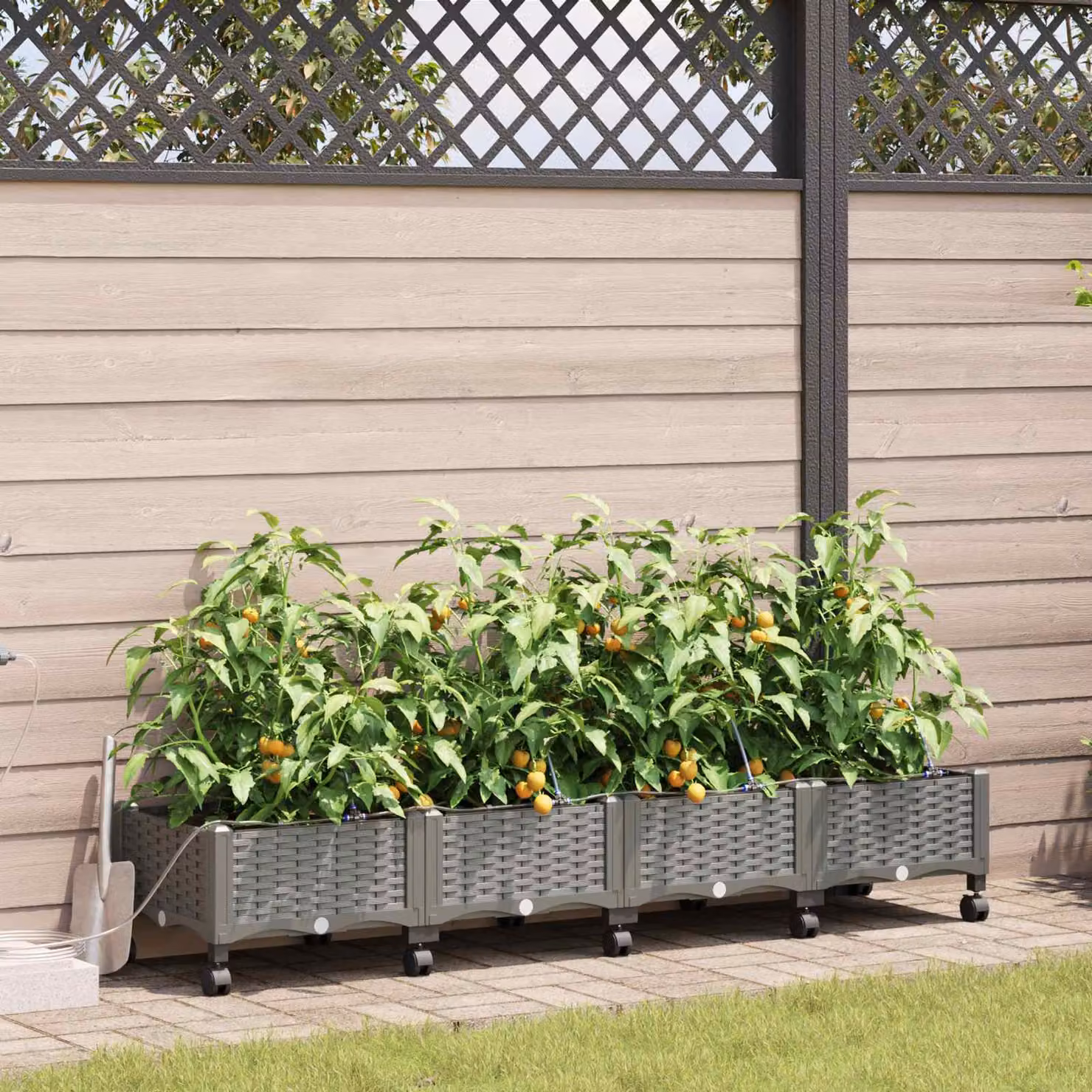 Set di 4 vasi da giardino con irrigazione e ruote vidaXL, colore grigio chiaro, in plastica