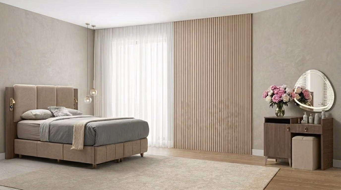 Set per camera da letto: letto, testiera, comodino. Design moderno, colore marrone, confortevole ed elegante