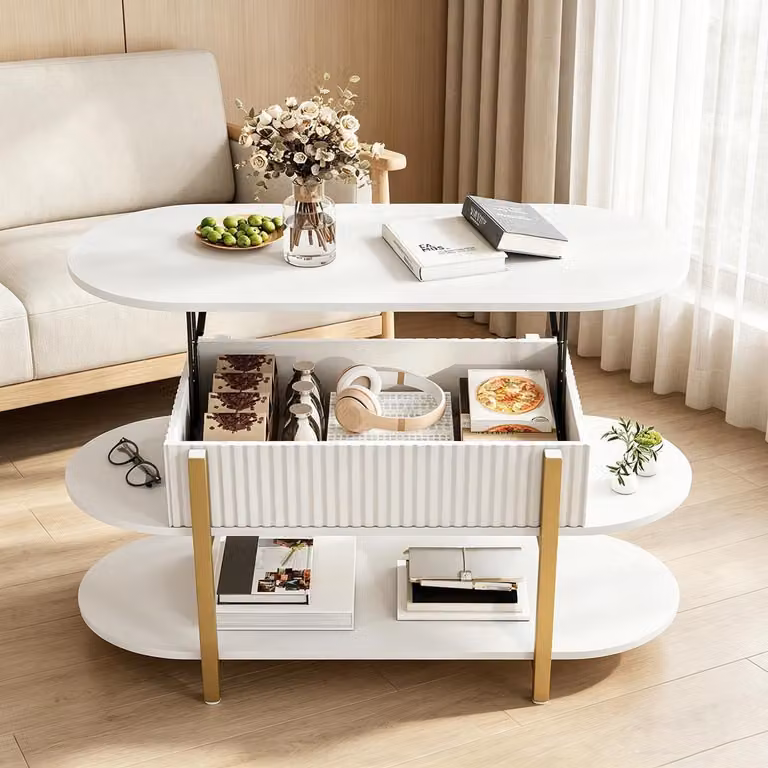 Tavolino da caffè INONEFT con spazio contenitivo nascosto, tavolino laterale, tavolino regolabile in altezza, colore bianco