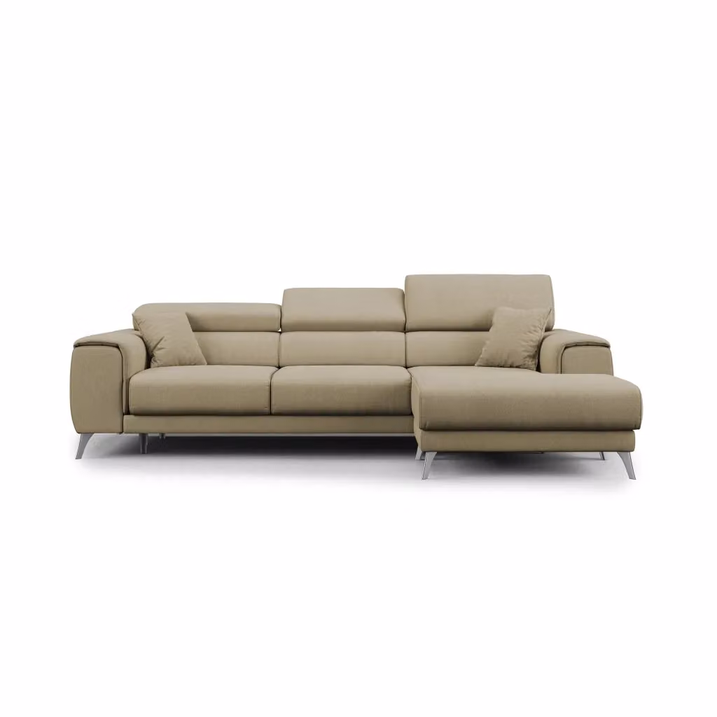 Divano angolare Fusion Divani.Store con sedute scorrevoli in tessuto smacchiabile, colore cammello, lato destro, L: 260 cm – 2