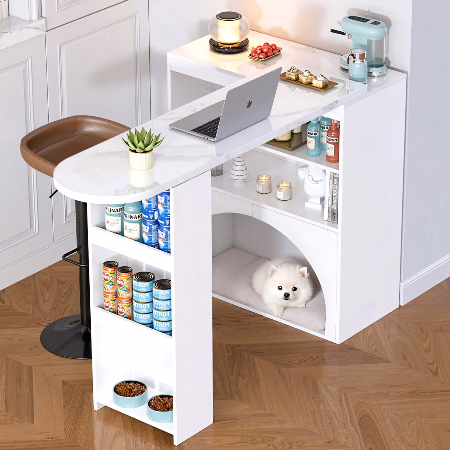 Tavolino girevole Stilvora con area per animali domestici, isola da cucina con piano di lavoro, tavolo da pranzo con spazio contenitivo e piano in effetto marmo, colore bianco