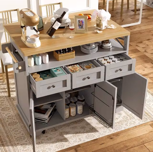 Isola cucina moderna con piano in MDF effetto legno, 118×43-80×98 cm, carrello da cucina con ruote, ampio spazio multifunzionale e portasalviette, grigio