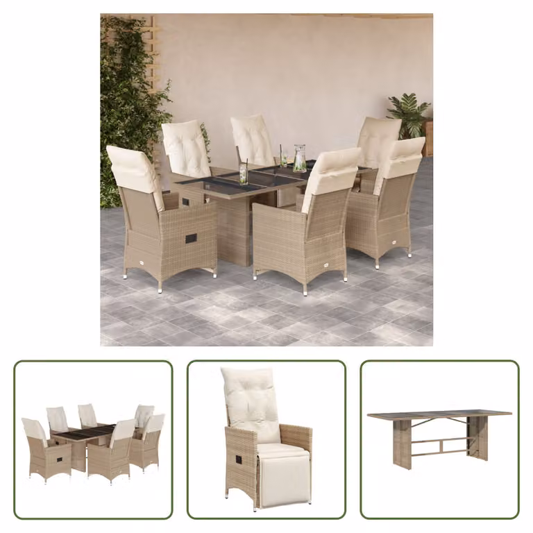 The Living Store Set bistrot da giardino 7 pezzi con cuscini Beige in poly rattan