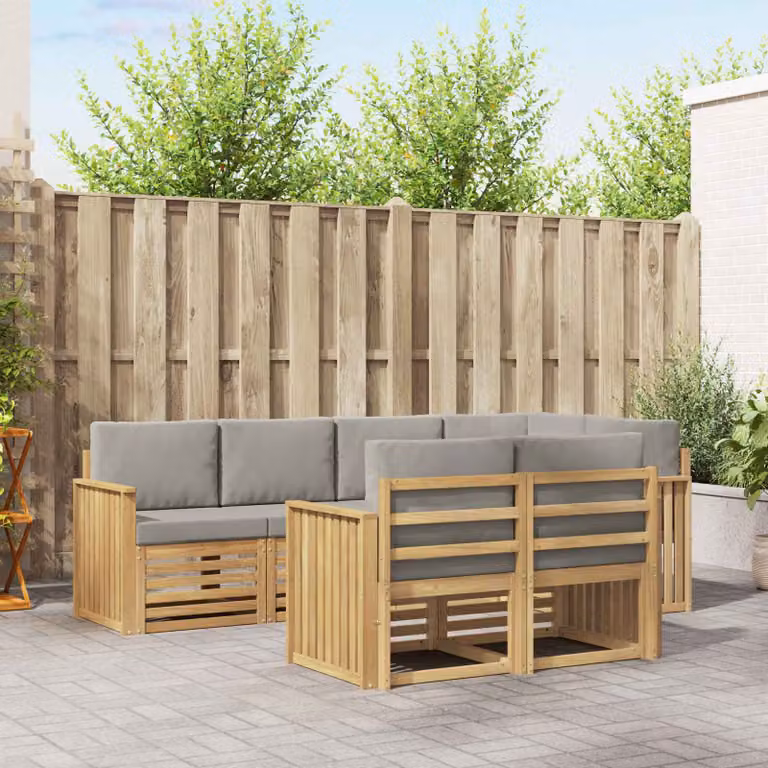 vidaXL Set di divani da esterno 7 pz a forma di L in legno di acacia con cuscini, Bianco e Grigio
