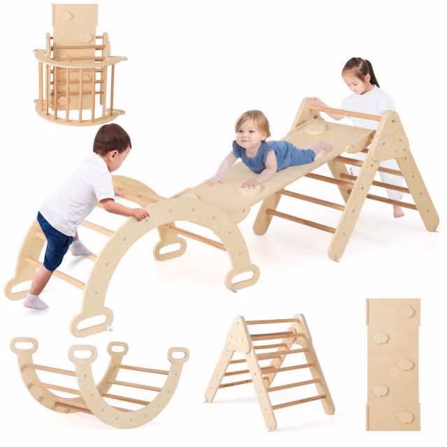Set di 3 giocattoli da arrampicata modulari Costway in legno per bambini, colore marrone e beige