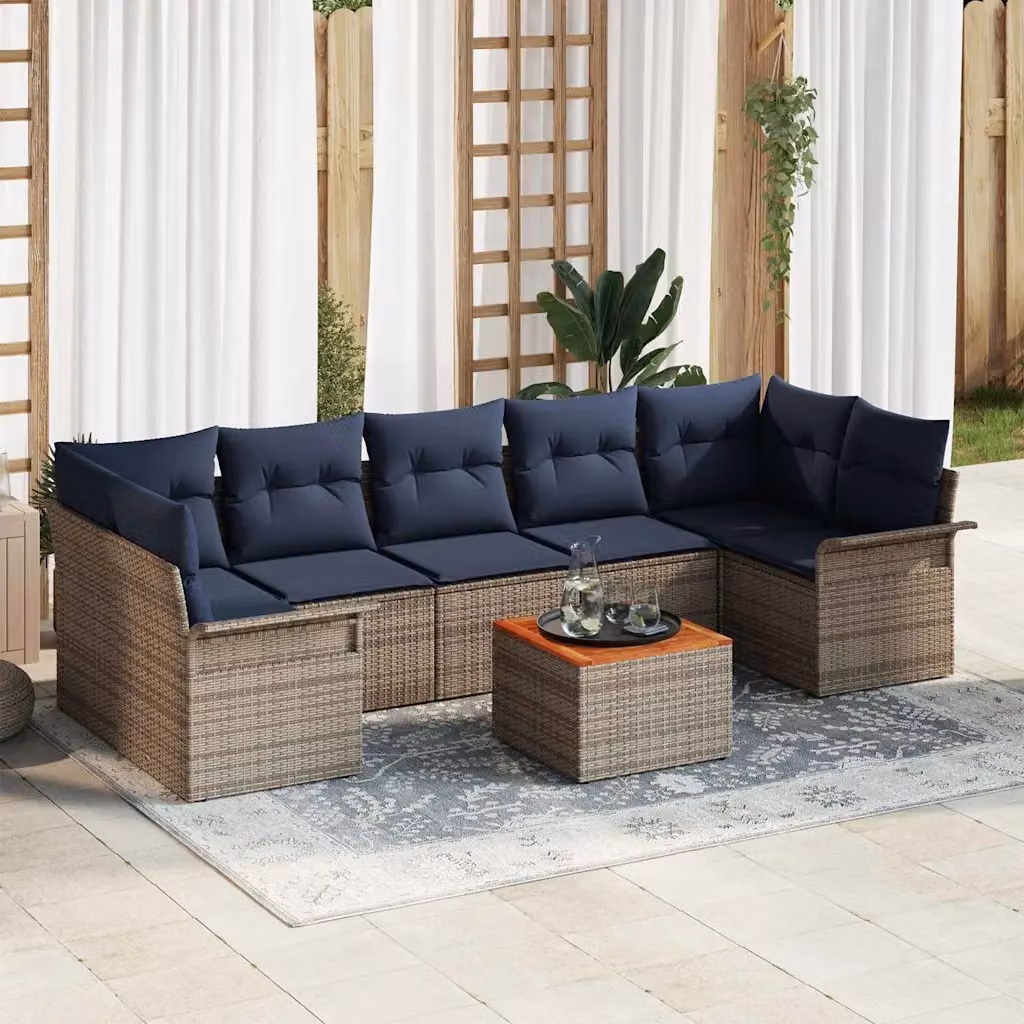 Set Divano da Giardino a L vidaXL 8 pz Grigio con Cuscini e Tavolino da Esterno in Polyrattan e Acciaio