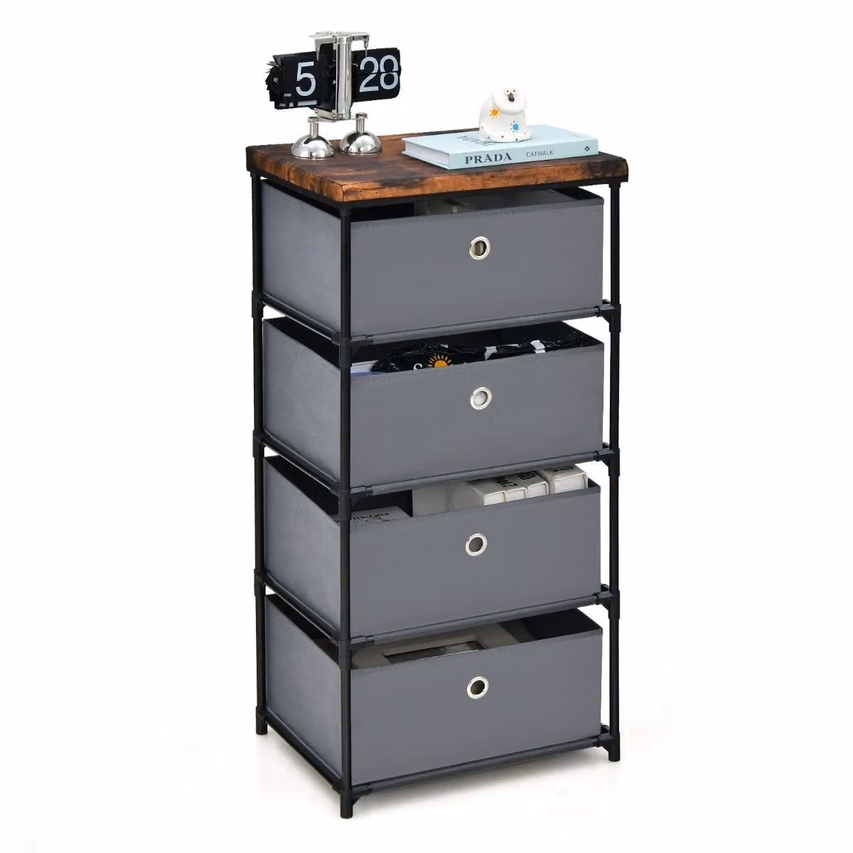Comodino COSTWAY con cassetti in tessuto, tavolino con struttura in metallo, cassettiera in tessuto per camera da letto, soggiorno, corridoio (grigio, 4 cassetti)