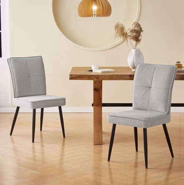 Set di 2 Sedie da Pranzo con Gambe in Metallo, Rivestimento Grigio Chiaro in Tessuto Pied de Poule Vellutato