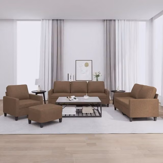 Set di divani moderno vidaXL in tessuto marrone composto da divano a 3 posti, divano a 2 posti e pouf con cuscini inclusi
