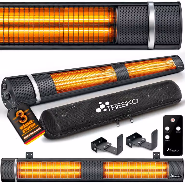 Riscaldatore a infrarossi TRESKO da 3000W con telecomando | Riscaldatore elettrico per terrazza con 3 livelli di riscaldamento | Riscaldatore per interni ed esterni | Riscaldatore a infrarossi da parete, riscaldatore al quarzo, riscaldatore per fasciatoi,