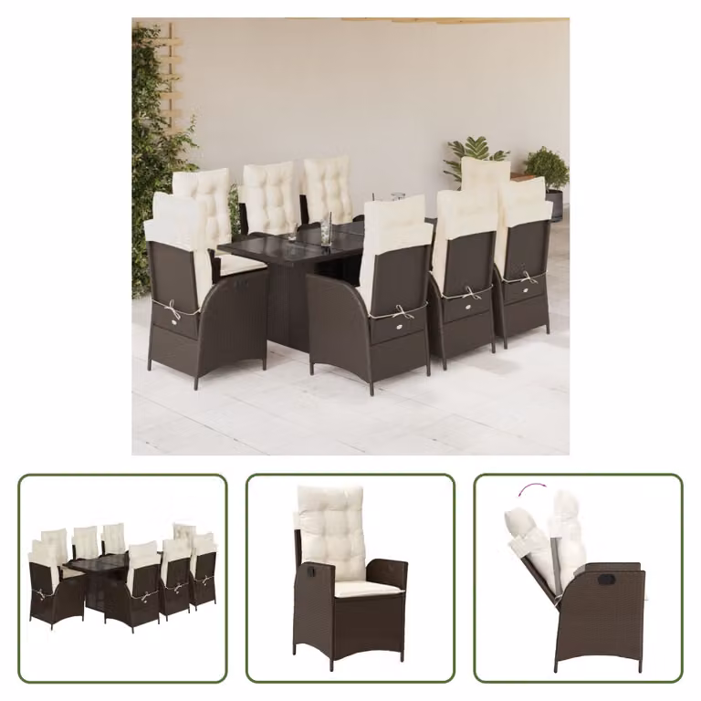 The Living Store Set da pranzo da giardino 9 pezzi con cuscini in polirattan marrone