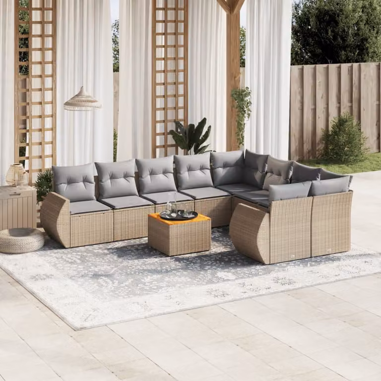 Set Divano da Giardino vidaXL 10 pz a Forma a L con Cuscini Beige in Polyrattan e Struttura in Metallo