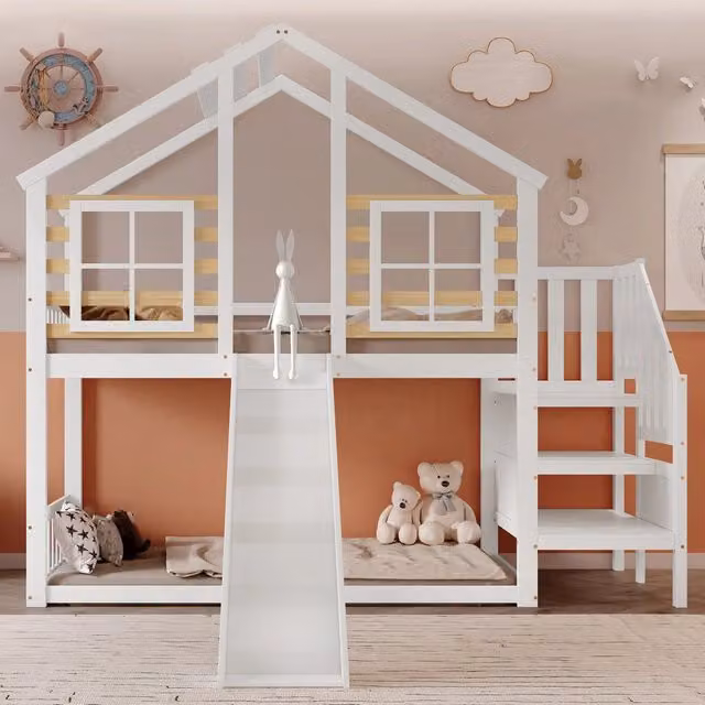 Letto a castello per bambini con scivolo; casetta in legno massello e MDF; bianco; 90x200 cm