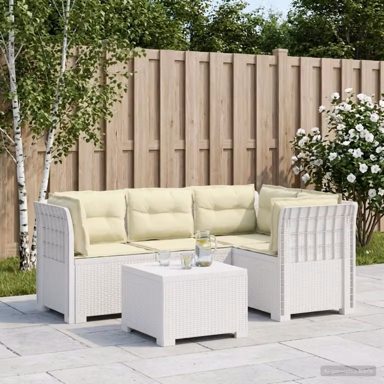 vidaXL Divano da giardino moderno a L con cuscini in polyrattan e tessuto beige e bianco