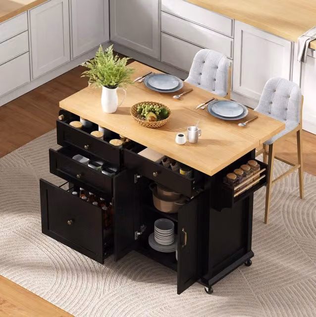Isola cucina mobile in MDF nero e naturale con piano estraibile 107 x 45-70 x 90;5 cm