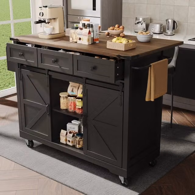 Carrello da cucina su ruote con piano pieghevole, 3 cassetti e 3 armadietti, nero, per cucina, 140 × 45 × 94 cm