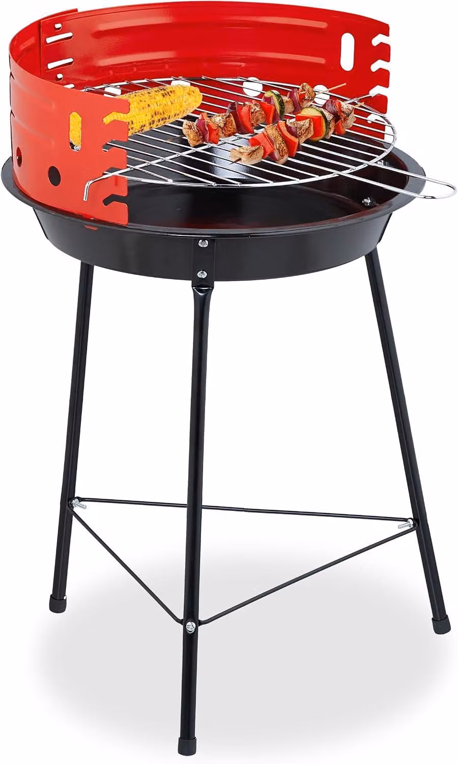 Barbecue a carbone - Treppiede - Diametro 30 cm - Barbecue per giardino - Campeggio - Griglia regolabile - Rotondo - Nero-rosso
