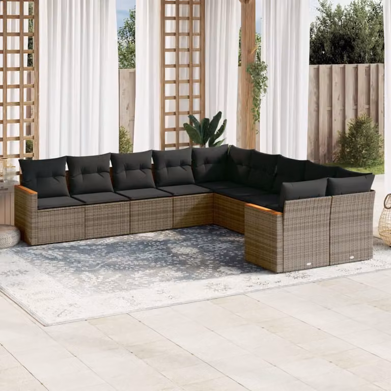 Set Divano da Giardino vidaXL 10 pz a Forma a L con Cuscini Grigio in Polyrattan e Struttura in Acciaio