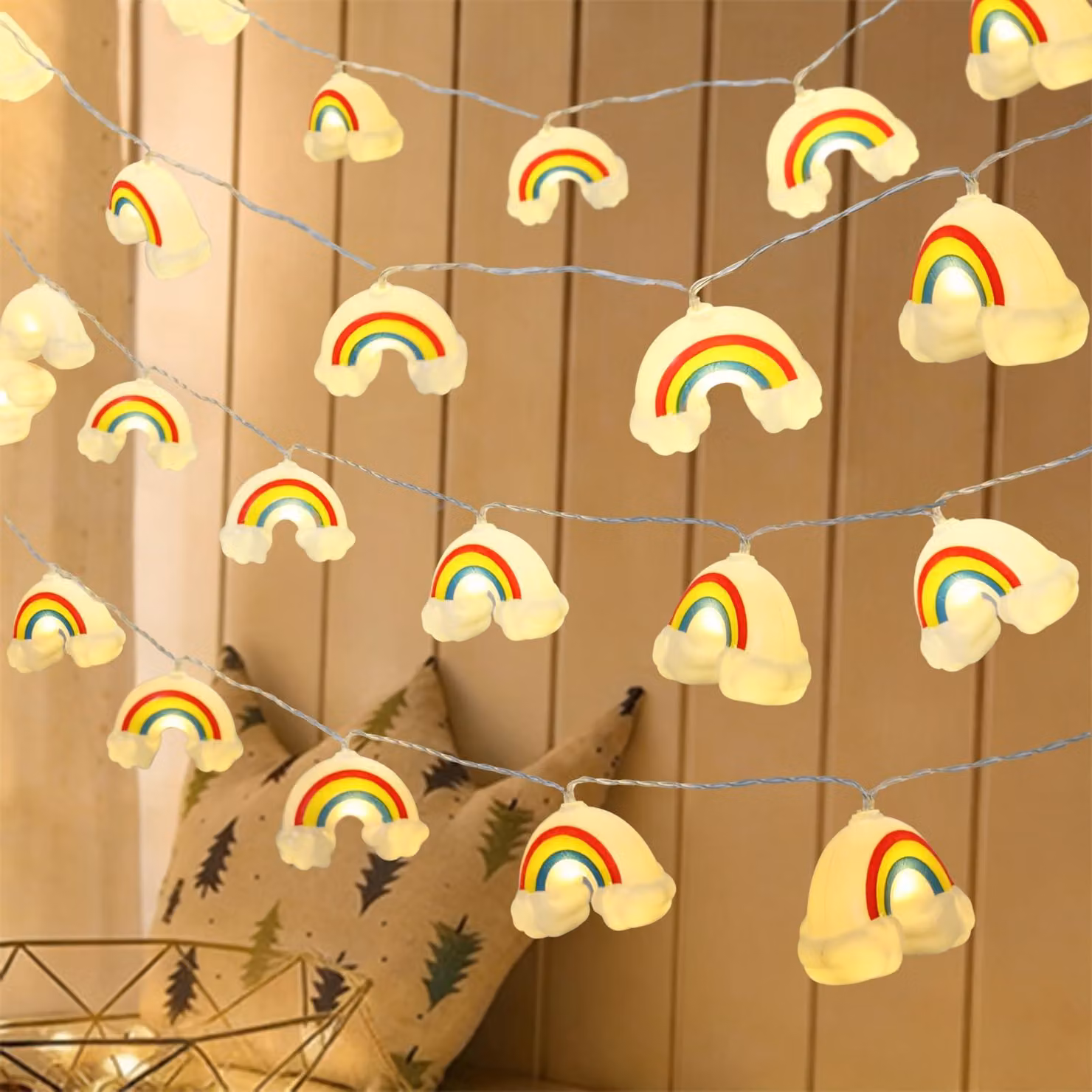 Catena luminosa a forma di arcobaleno, lunghezza 3 metri, 20 LED, alimentazione a batteria, luce bianco caldo