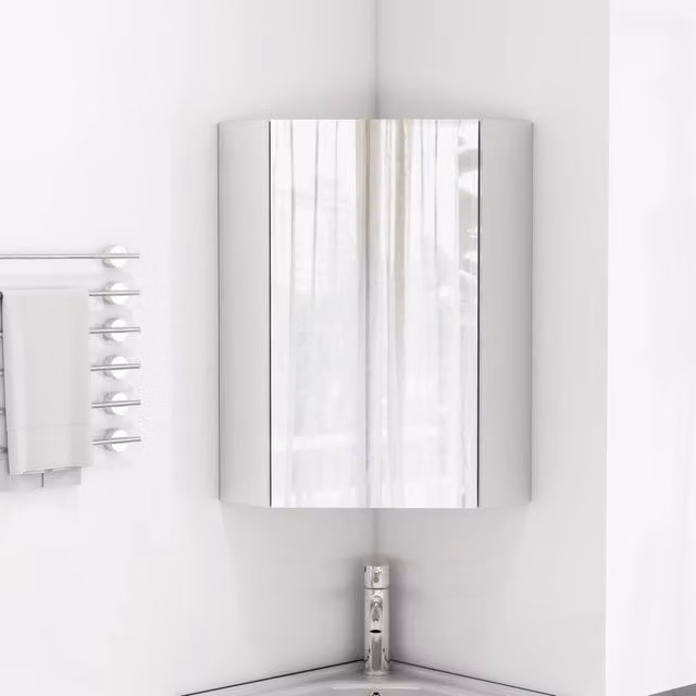 Armadietto a specchio angolare 32,5x32,5x55,6 cm in MDF e vetro bianco 3 lati –