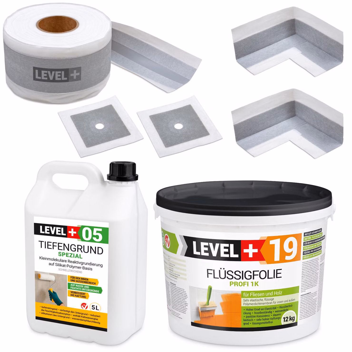 Kit di impermeabilizzazione: membrana liquida 12 kg, nastro 10 metri, primer 5 litri. Adatto per giunti, angoli, balconi e bagni. Modello: LEVEL+ SET543